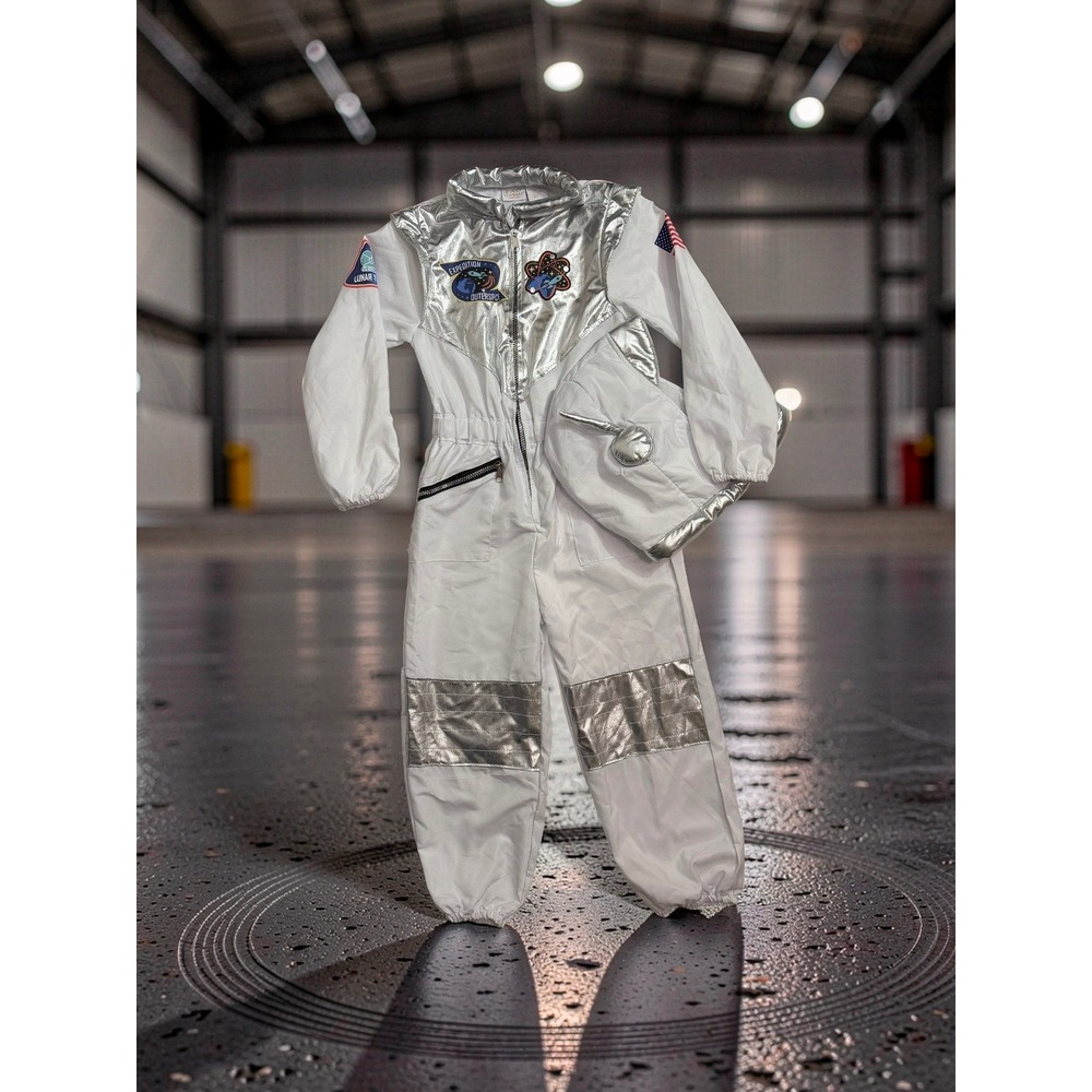 FAO Schwarz Kids Astronaut Costume Jumpsuit with Helmet White Silver Size 8